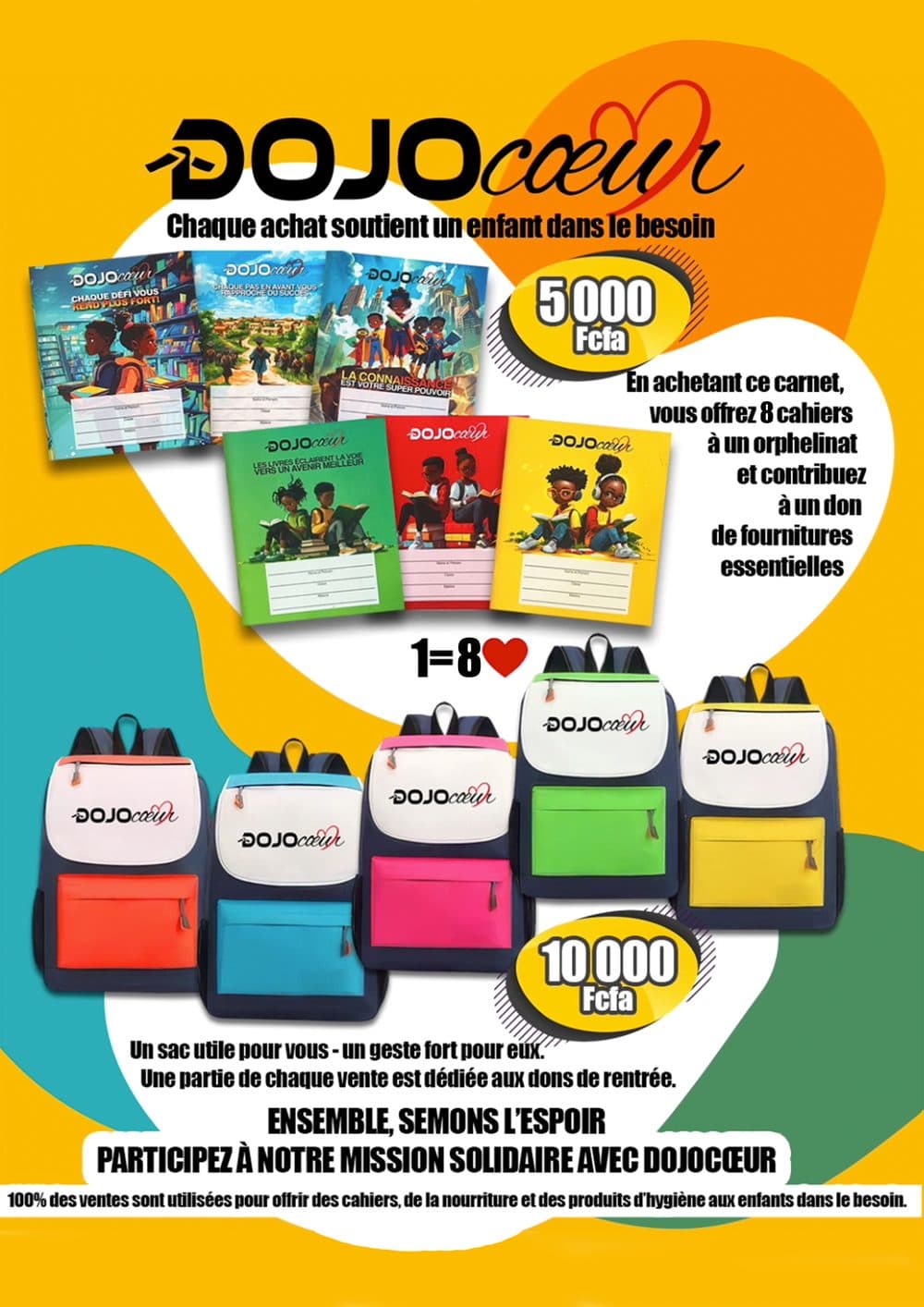 Affiche des produits solidaires DojoCœur, carnets et sacs